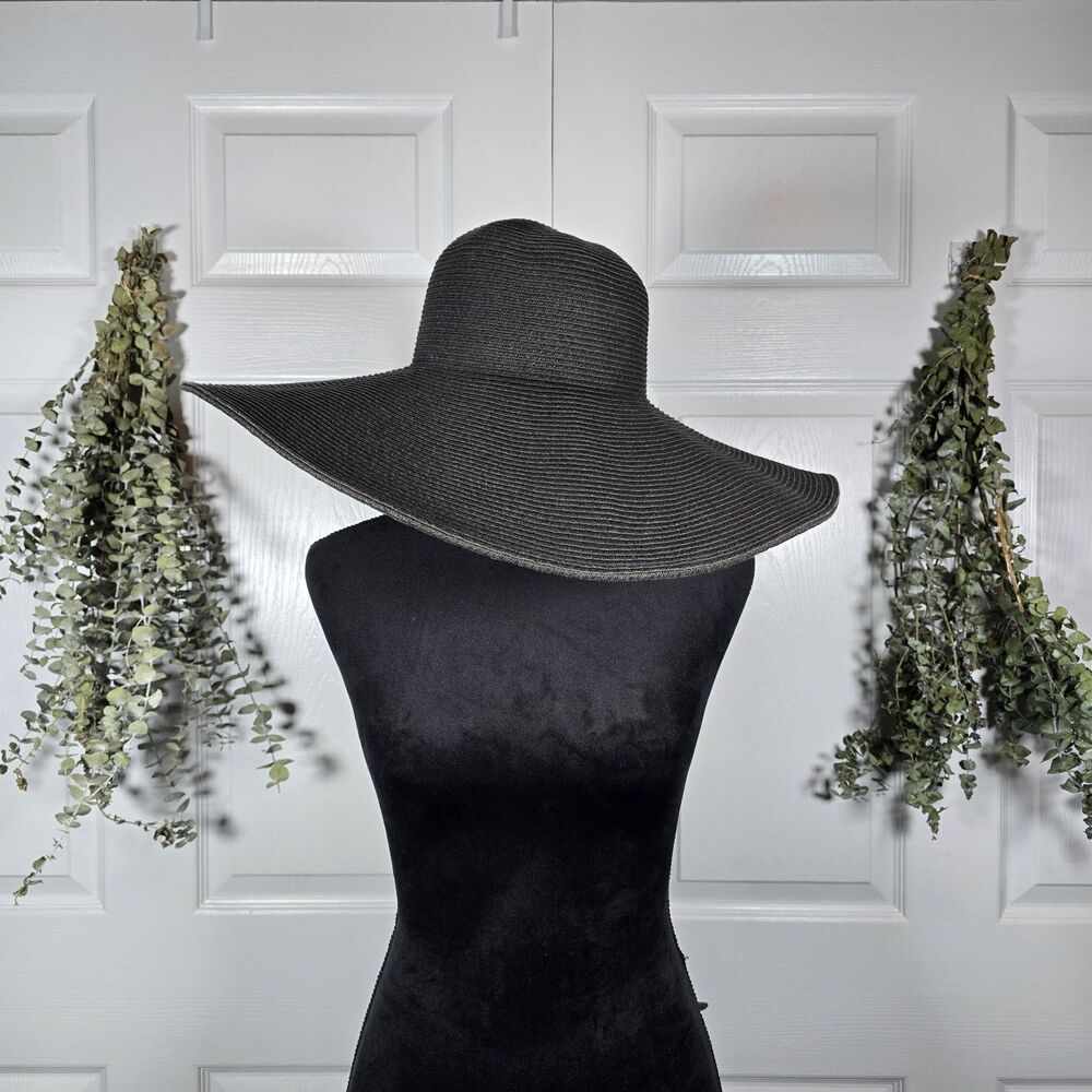 Nine West Black Woven Extra Wide 20 Inch Brim Floppy Foldable Packable Sun Hat